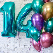 Композиция из воздушных шариков хром на 14 лет с цифрами цвета тиффани