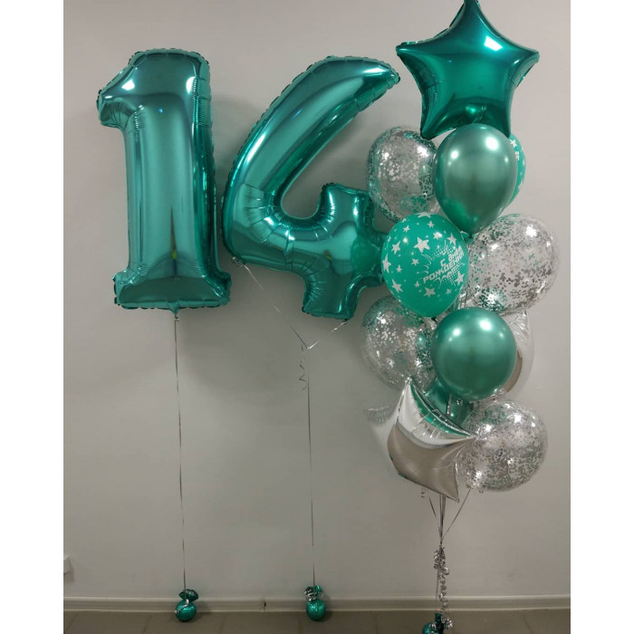 Композиция из шаров в цвете тиффани со звездами на 14 лет сыночку
