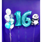 Композиция из гелевых шариков с пандой и вашими поздравлениями на 16 лет