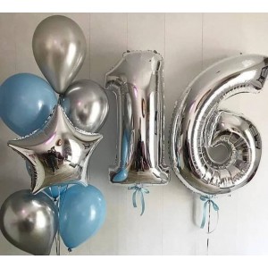 Букет шариков с серебряными цифрами и звездой на 16 лет сыну