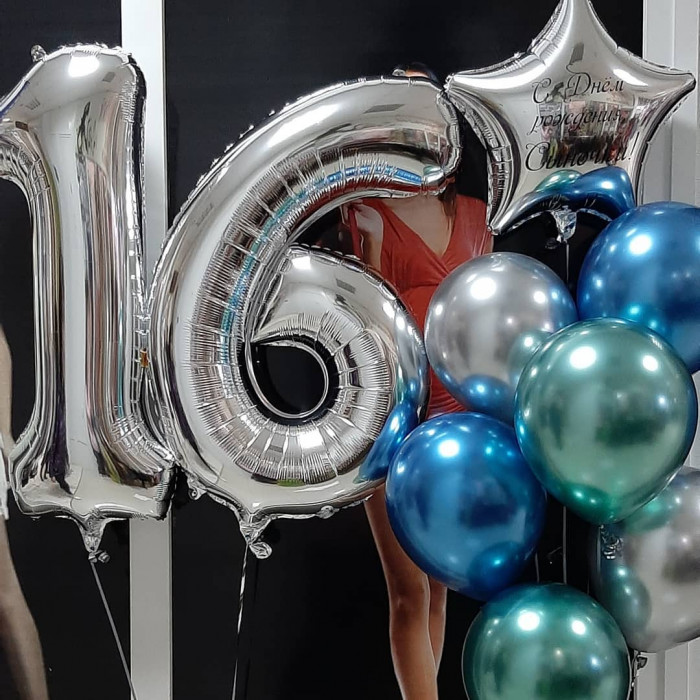 Сет из гелиевых шаров хром с именной звездой на 16 лет для сына