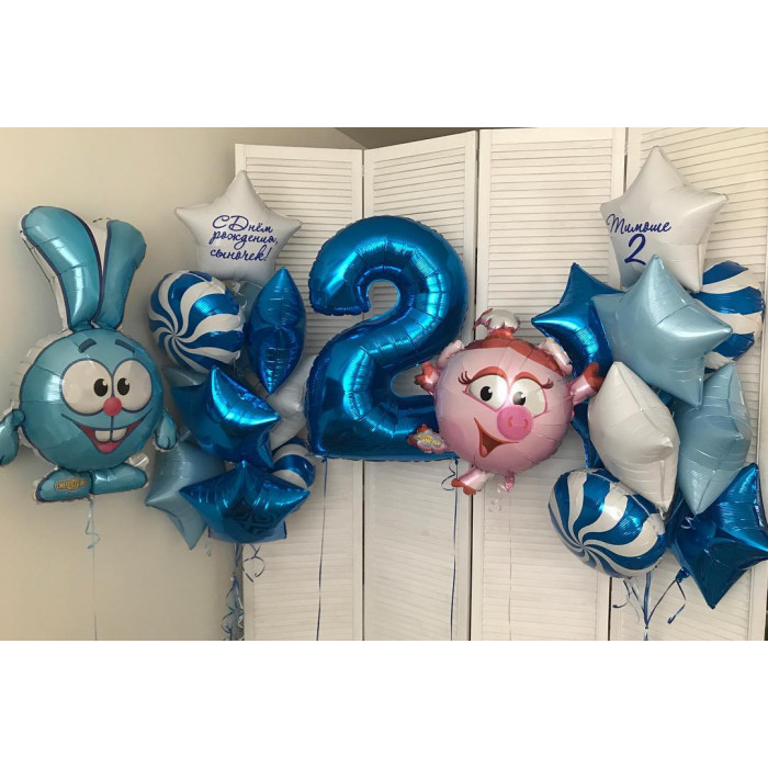 Композиция из гелиевых шаров с Нюшей и Крошем на два годика