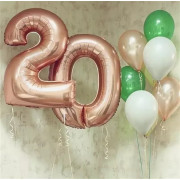 Композиция из воздушных шариков на 20 лет с цифрами цвета розовое золото и латексными шарами