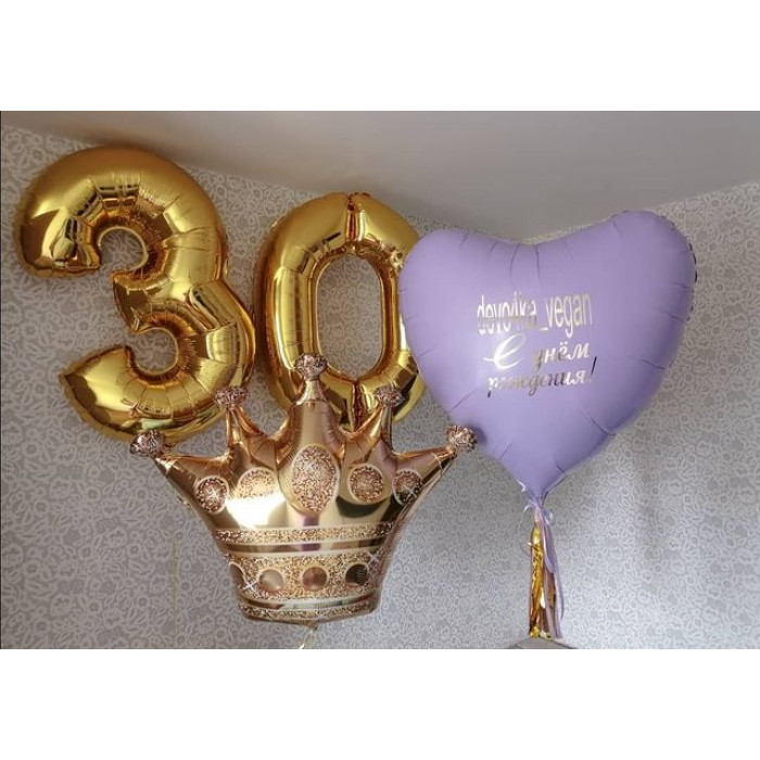 Набор гелевых шаров на 30 лет с короной и сердцем