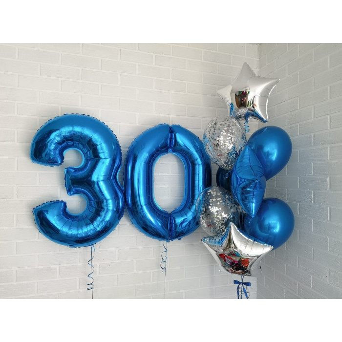 Композиция из шариков с гелием на 30 лет брату в синем цвете
