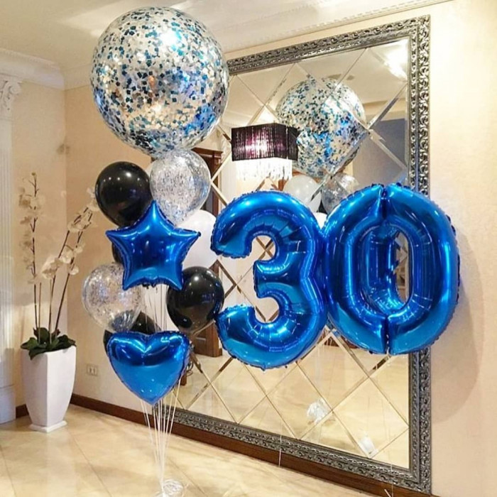Композиция из гелевых шаров на 30 лет с шаром с конфетти, синими звездой и сердцем