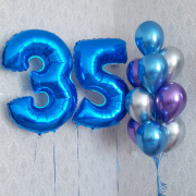 Композиция из гелевых шариков на 35 лет женщине в сине-фиолетовых цветах