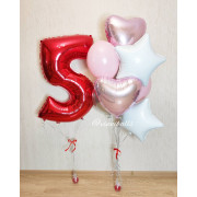 Сет из шаров с сердцами и звездами и красной цифрой на пятилетие