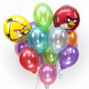 Букет из гелевых шаров с красной и желтой птичками Энгри Бердс (Angry Birds)
