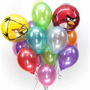 Букет из гелевых шаров с красной и желтой птичками Энгри Бердс (Angry Birds)