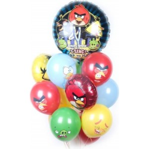 Букет шариков с поющим шаром из мультика Энгри Бердс (Angry Birds)