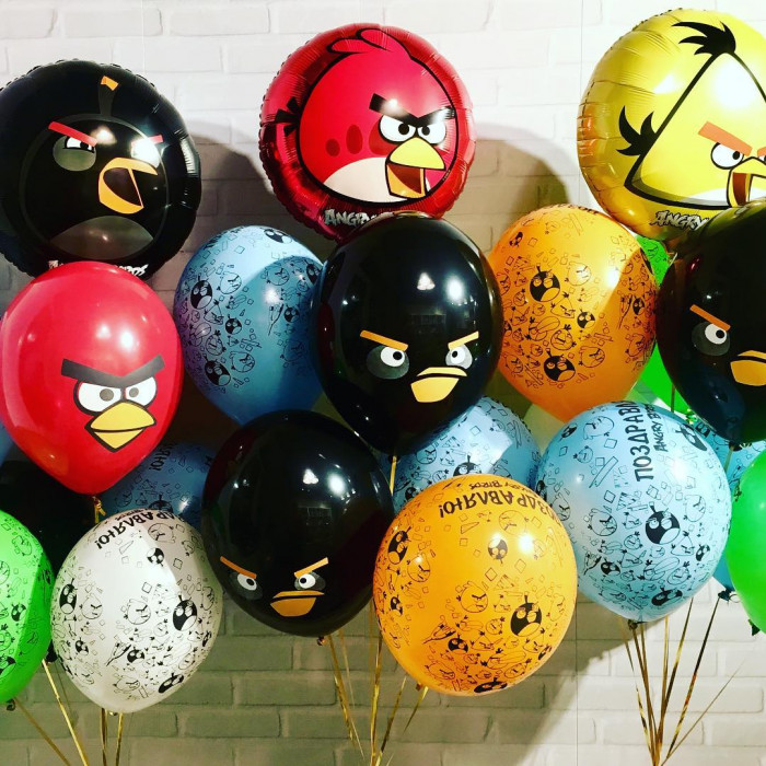 Сет из воздушных шариков с цветными птичками из м/ф Энгри Бердс (Angry Birds)