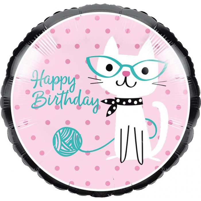Шар-круг С Днем Рождения (Happy Birthaday) кошка в очках