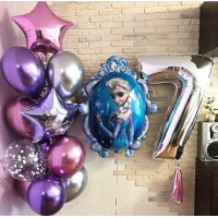 Композиция из шаров с двухсторонним шаром Холодное сердце с цифрой на День Рождения