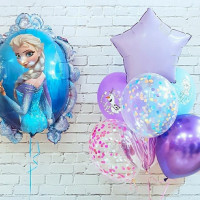 Композиция из гелиевых шаров с двухсторонним шаром Холодное сердце и букетом со звездой