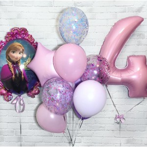 Композиция из шаров с гелием на четыре годика девочке с двухсторонним шаром Холодное сердце