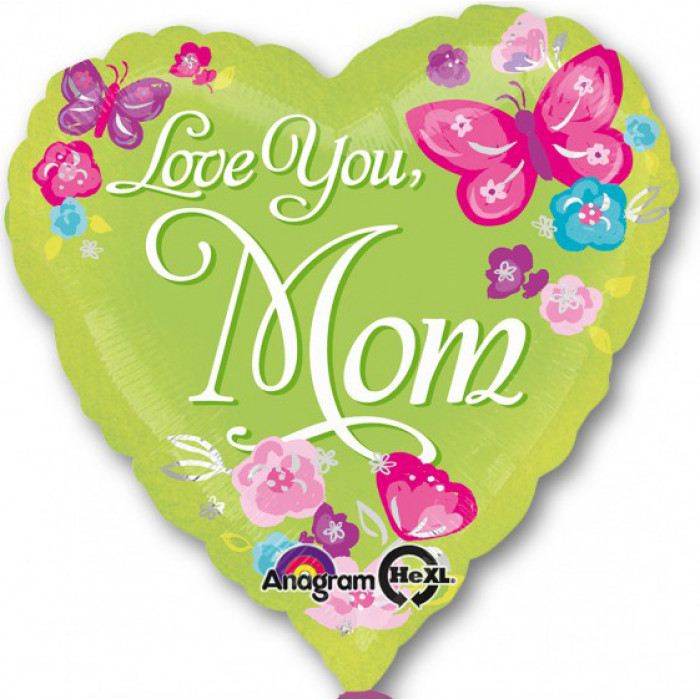 Шар-сердце Люблю тебя, Мама (Love You Mom) с бабочками
