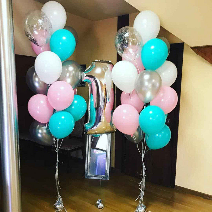 Композиция из шаров на 1 год, серебро, белый, розовый, тиффани