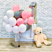 Композиция из шаров на 1 годик, белый, серый и розовый