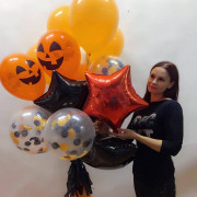 Букет гелевых шаров на Хеллоуин со звездами и оранжевыми улыбками