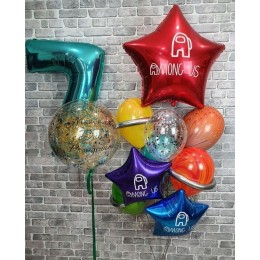 Композиция на 7 лет Космический День рождения со звездами и большим шариком с конфетти 