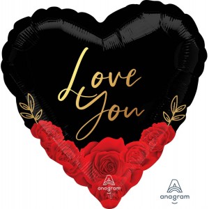 Шар-сердце Я тебя люблю (I love you) с розами, черно-красное