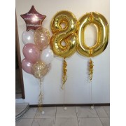 Букет с золотым конфетти и бело-розовыми шариками на 80 лет Любимой маме, бабушке и прабабушке