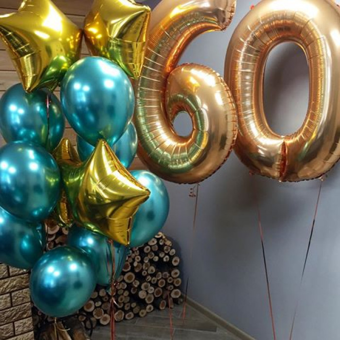 Букет с зелеными шарами хром и золотыми звездами в 60 лет