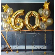 Композиция из двух золотых фонтанов с шариками конфетти на 60 лет