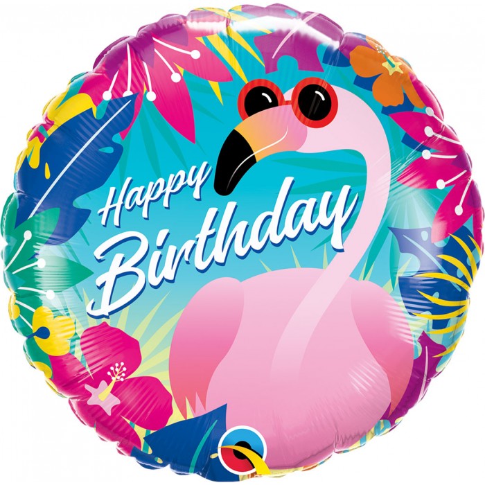 Шар-круг Фламинго в очках С Днем рождения (Happy birthday)