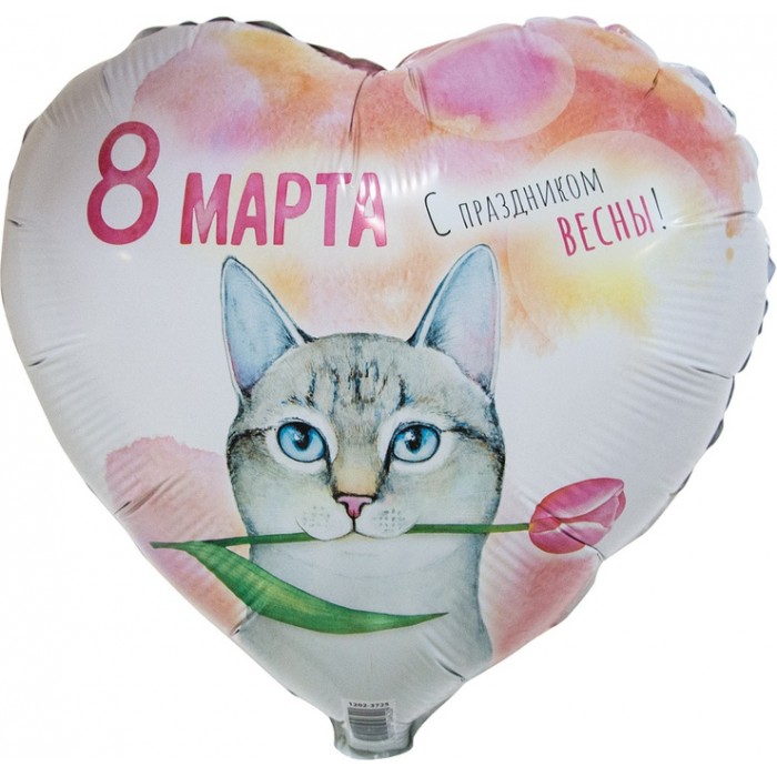 Шар-сердце Котик с тюльпаном на 8 Марта
