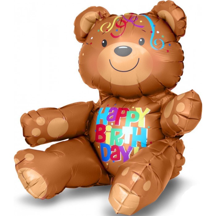 Фигурный шар Медвежонок сидит с надписью: с Днем рождения (Happy birthday)