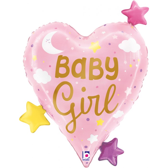 Фигурный шар Розовое сердце на выписку Малышка девочка (Baby Girl) со звездочками