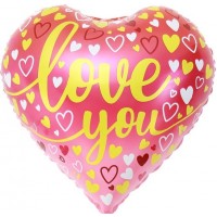 Шар-сердце Love you с желтой надписью, розовое