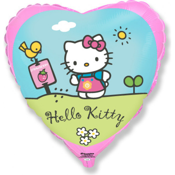Шарик-сердце Хэллоу Китти (Hello Kitty) на полянке с птичкой, с надписью