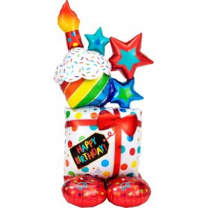 Ходячий шар Подарок с кексом на подставке, с Днем рождения (Happy birthday)