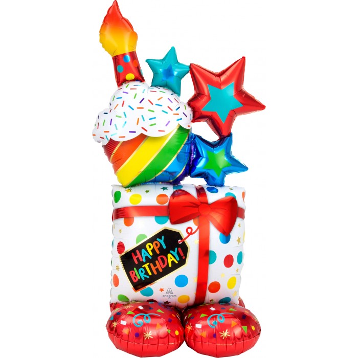 Ходячий шар Подарок с кексом на подставке, с Днем рождения (Happy birthday)