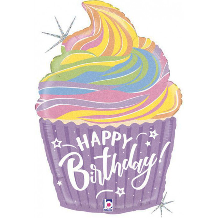 Фигурный шар Кекс сиреневый, с Днем рождения (Happy birthday)