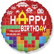 Шар-круг Игра пиксели, С Днем рождения (Happy birthday), красный
