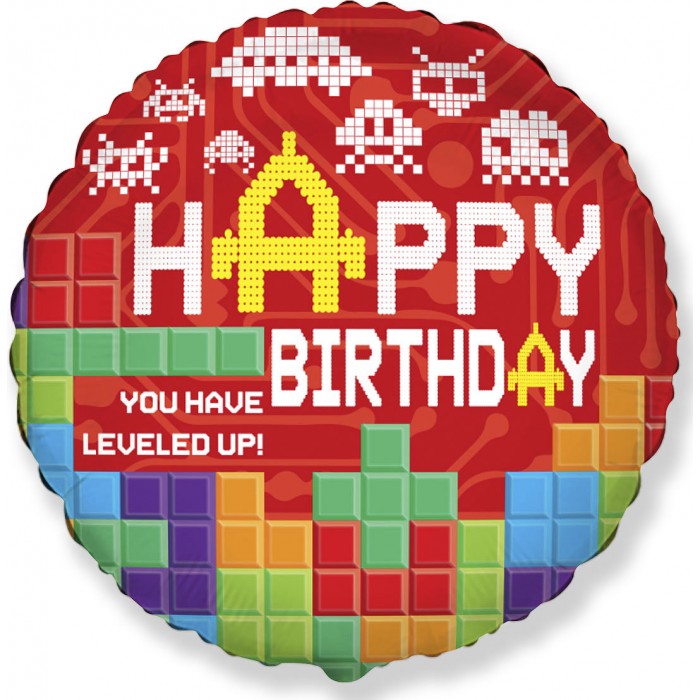 Шар-круг Игра пиксели, С Днем рождения (Happy birthday), красный