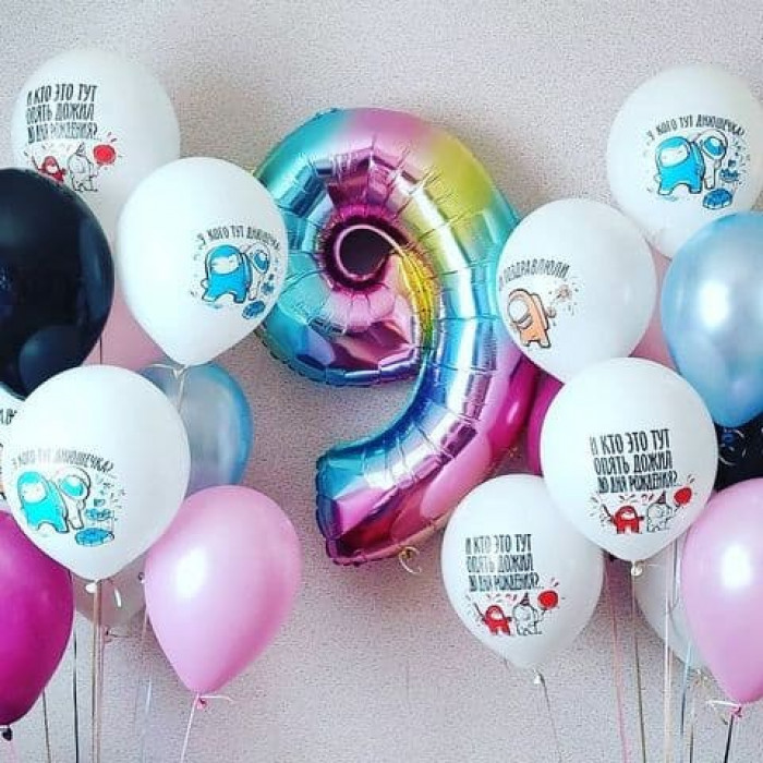 Композиция для девочки на 9 лет с космонавтиками и розово-голубыми шариками