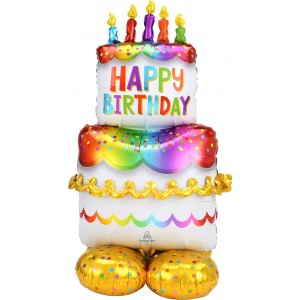 Фигурный шар Большой радужный торт с надписью:  С Днем рождения (Happy birthday)
