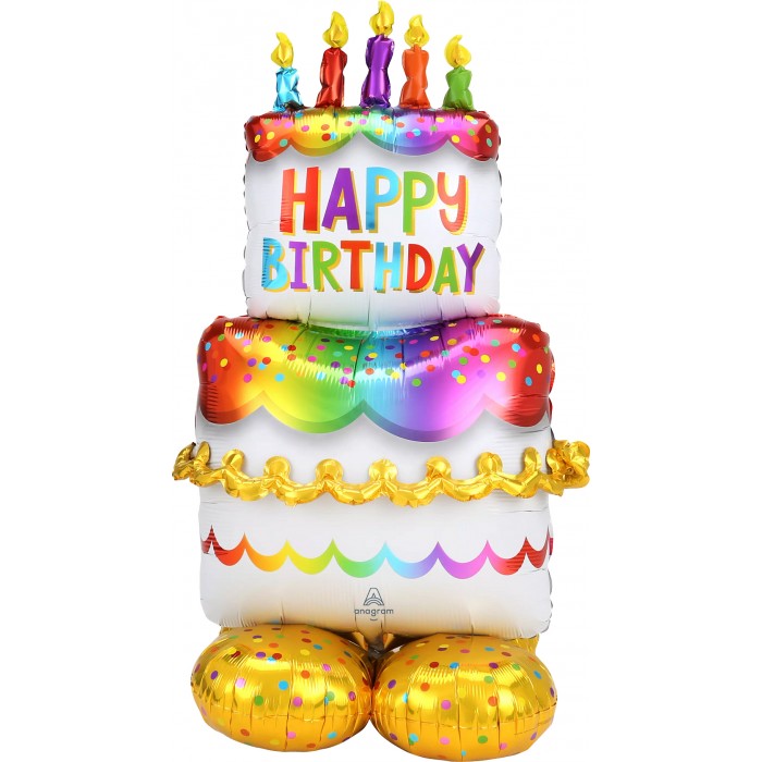 Фигурный шар Большой радужный торт с надписью:  С Днем рождения (Happy birthday)