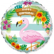 Шар-круг Фламинго в цветах, С Днем рождения (Happy birthday)