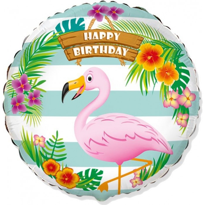 Шар-круг Фламинго в цветах, С Днем рождения (Happy birthday)