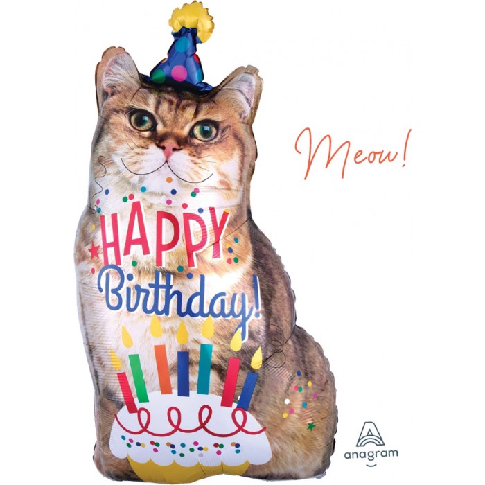 Фигурный шар Праздничный кот в колпаке, с Днем рождения (Happy birthday)