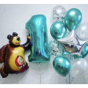 Композиция из воздушных шаров на годовасие с фигурным шаром Маша и Медведь с цифрой, звездой и шарами с конфетти