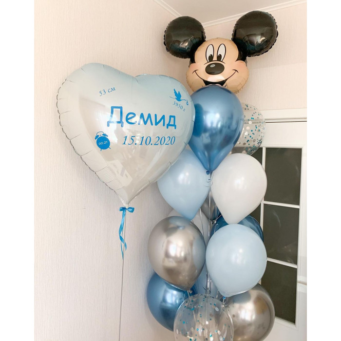 Композиция из гелевых шаров на выписку из роддома с Микки Маусом и сердцем с вашей надписью