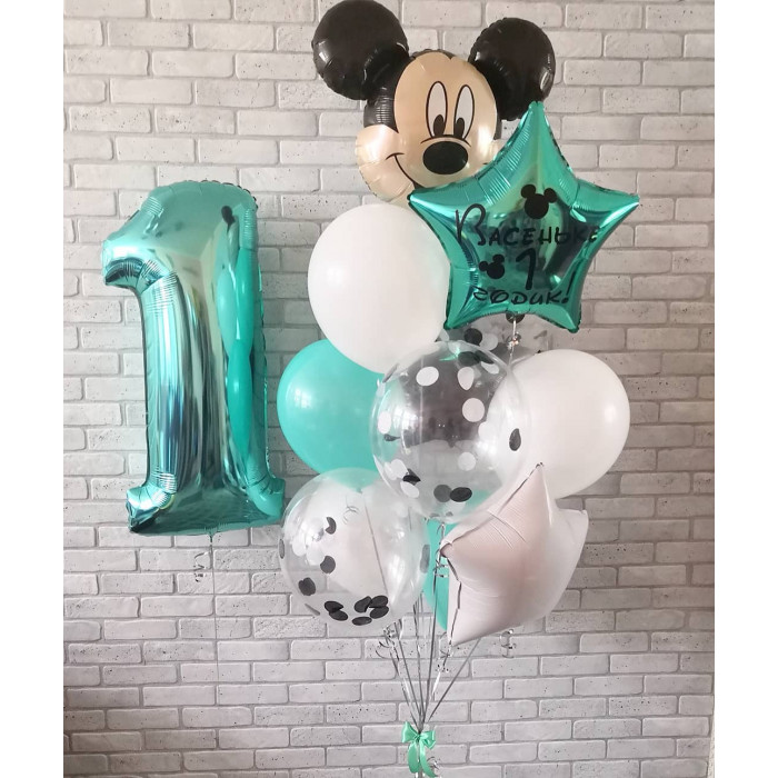 Композиция из гелиевых шариков Микки Маус со звездой с вашими поздравлениями на один годик мальчику