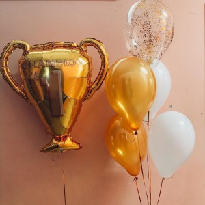 Композиция из гелевых шаров мужчине с кубком чемпиона